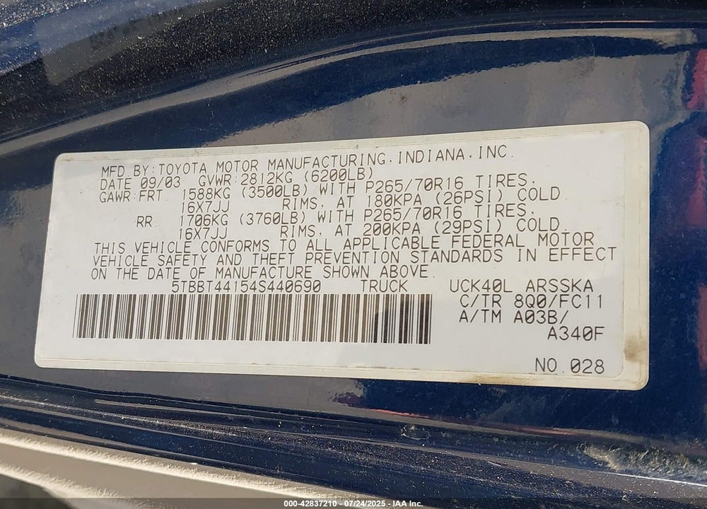 2004 TOYOTA TUNDRA SR5 V8 VIN: 5TBBT44154S440690