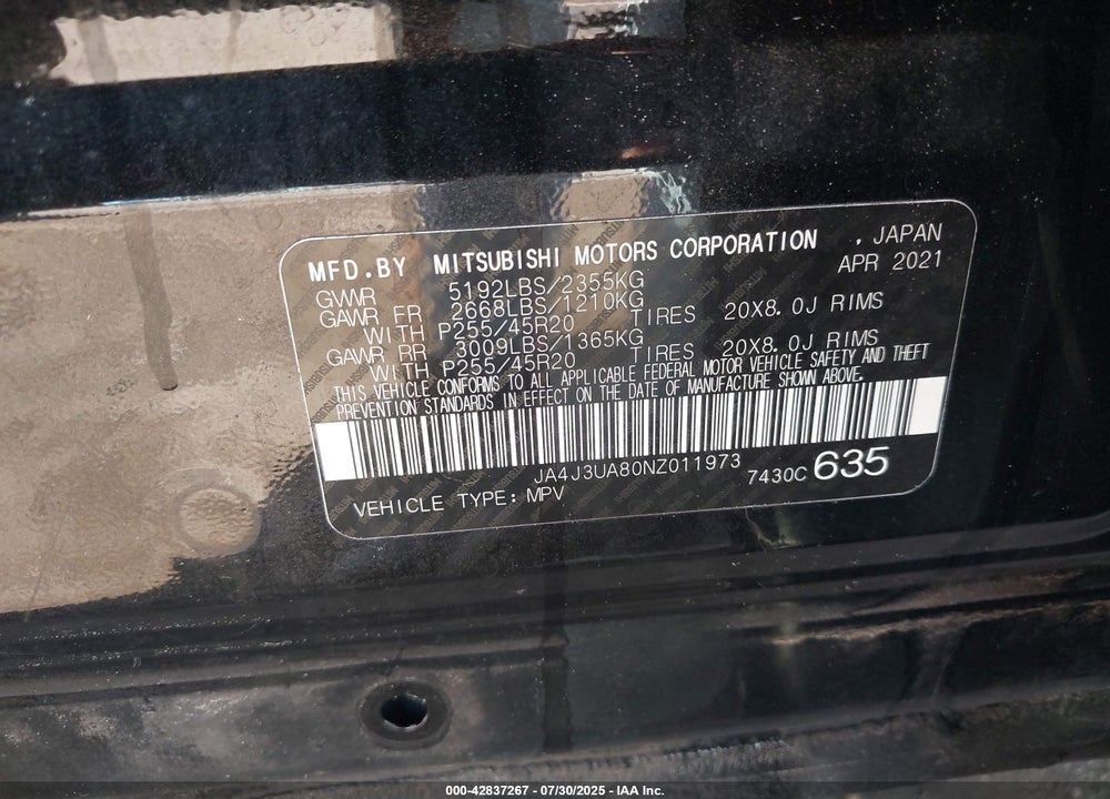 2022 MITSUBISHI OUTLANDER VIN: JA4J3UA80NZ011973