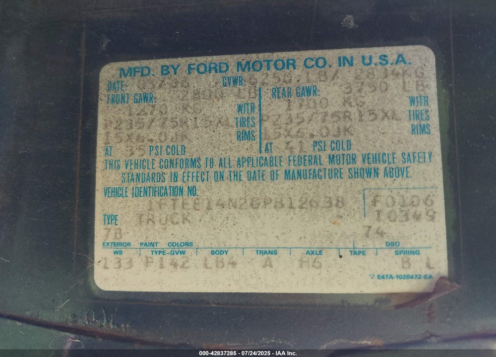 1986 FORD F150 VIN: 1FTEF14N2GPB12638