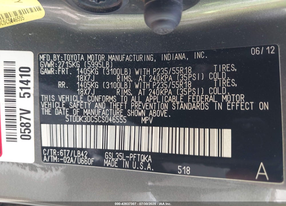 2012 TOYOTA SIENNA XLE 7 PASSENGER VIN: 5TDDK3DC5CS046555