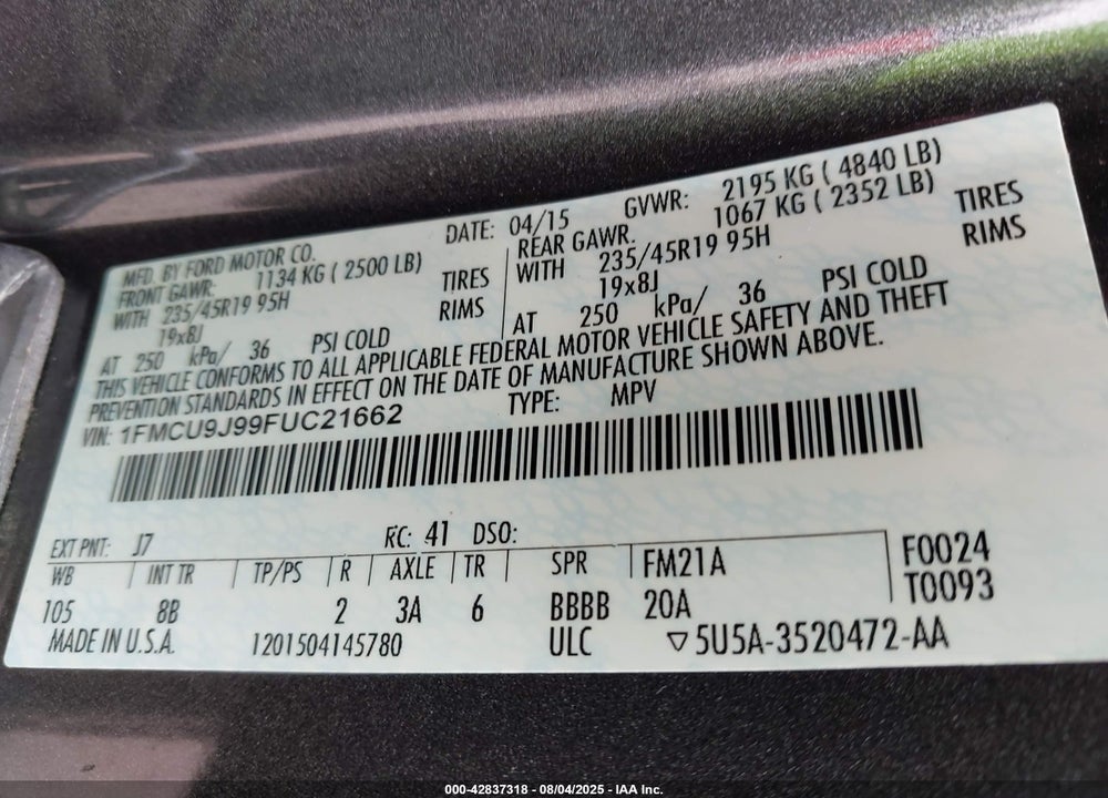 2015 FORD ESCAPE TITANIUM VIN: 1FMCU9J99FUC21662