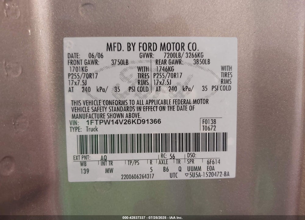 2006 FORD F-150 FX4/LARIAT/XLT VIN: 1FTPW14V26KD91366