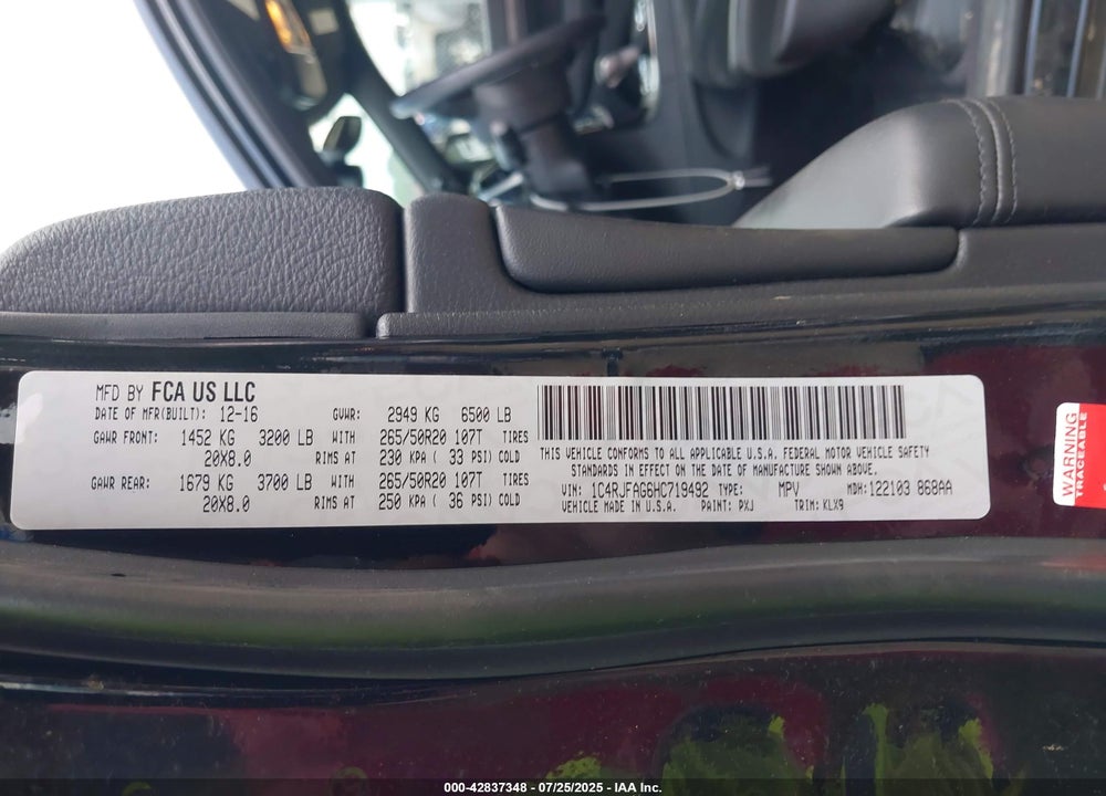 2017 JEEP GRAND CHEROKEE VIN: 1C4RJFAG6HC719492