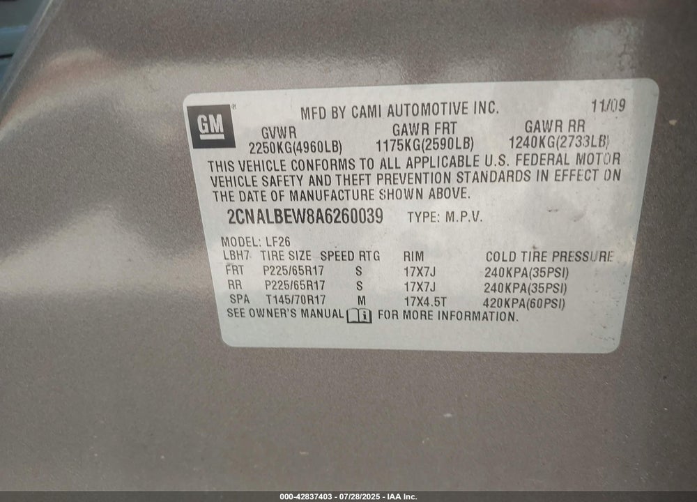 2010 CHEVROLET EQUINOX VIN: 2CNALBEW8A6260039