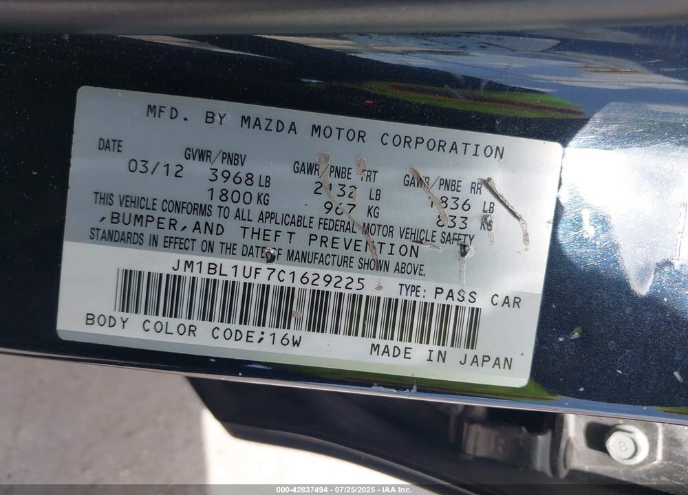 2012 MAZDA 3 VIN: JM1BL1UF7C1629225