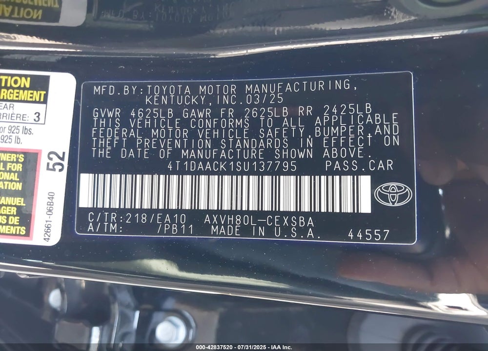 2025 TOYOTA CAMRY VIN: 4T1DAACK1SU137795
