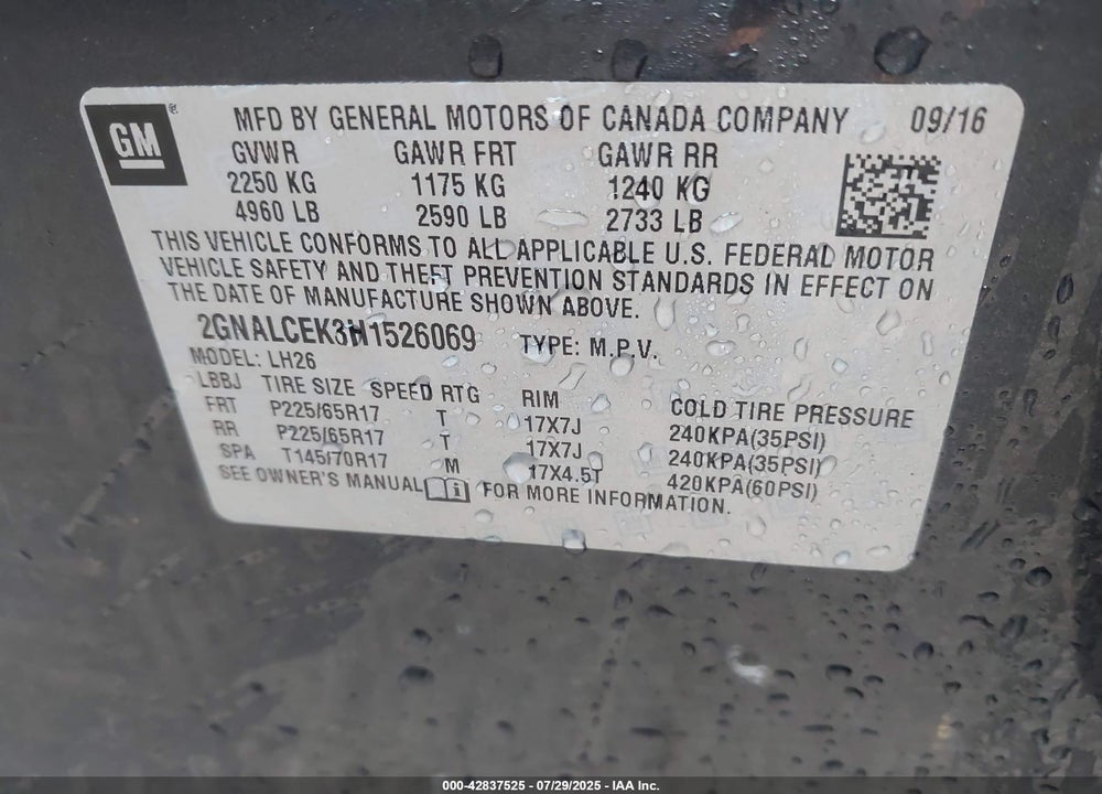 2017 CHEVROLET EQUINOX VIN: 2GNALCEK3H1526069