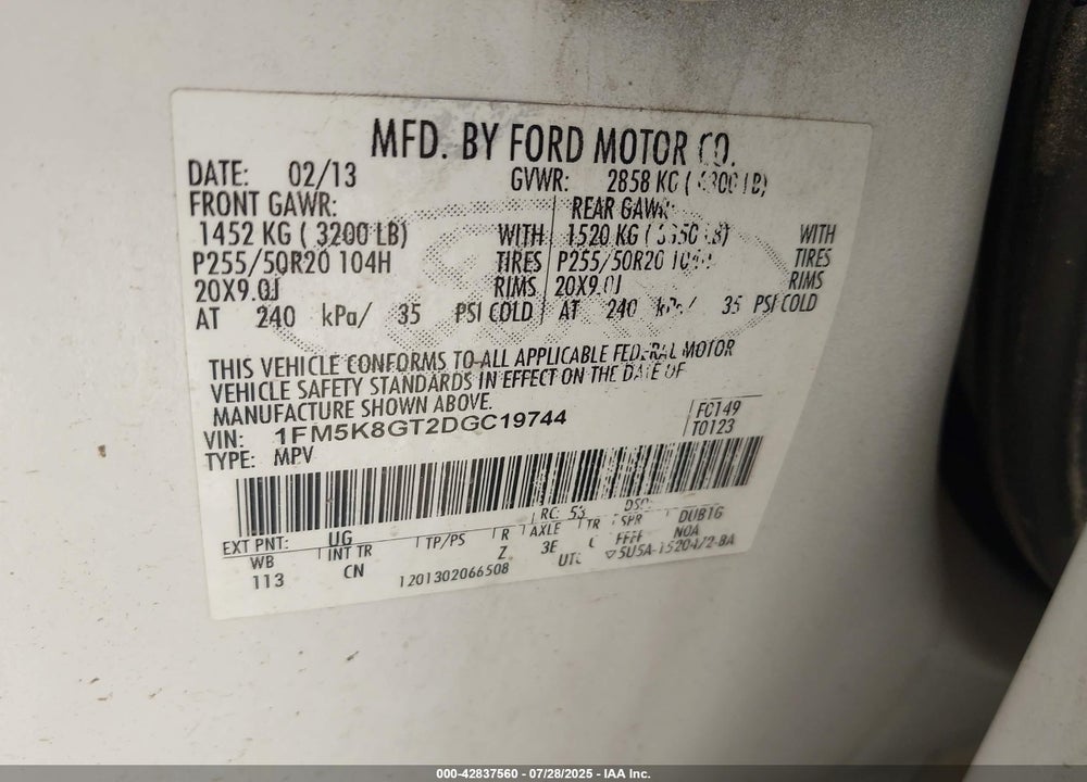 2013 FORD EXPLORER VIN: 1FM5K8GT2DGC19744
