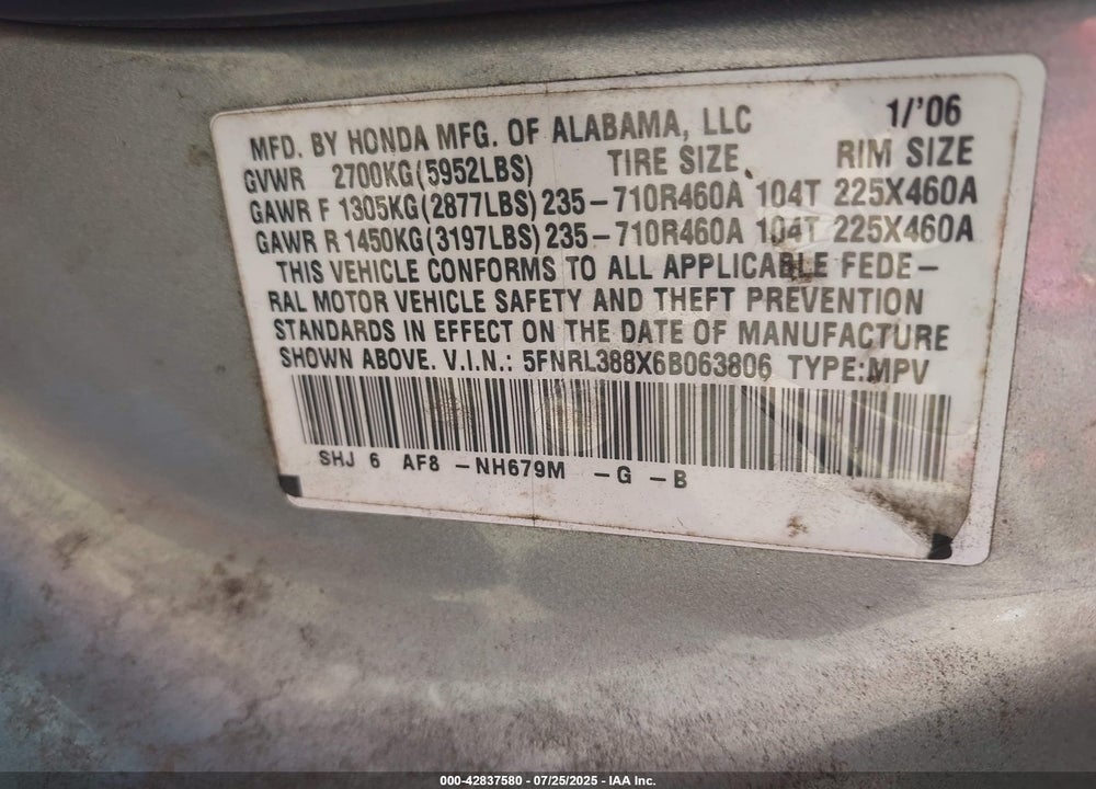 2006 HONDA ODYSSEY VIN: 5FNRL388X6B063806