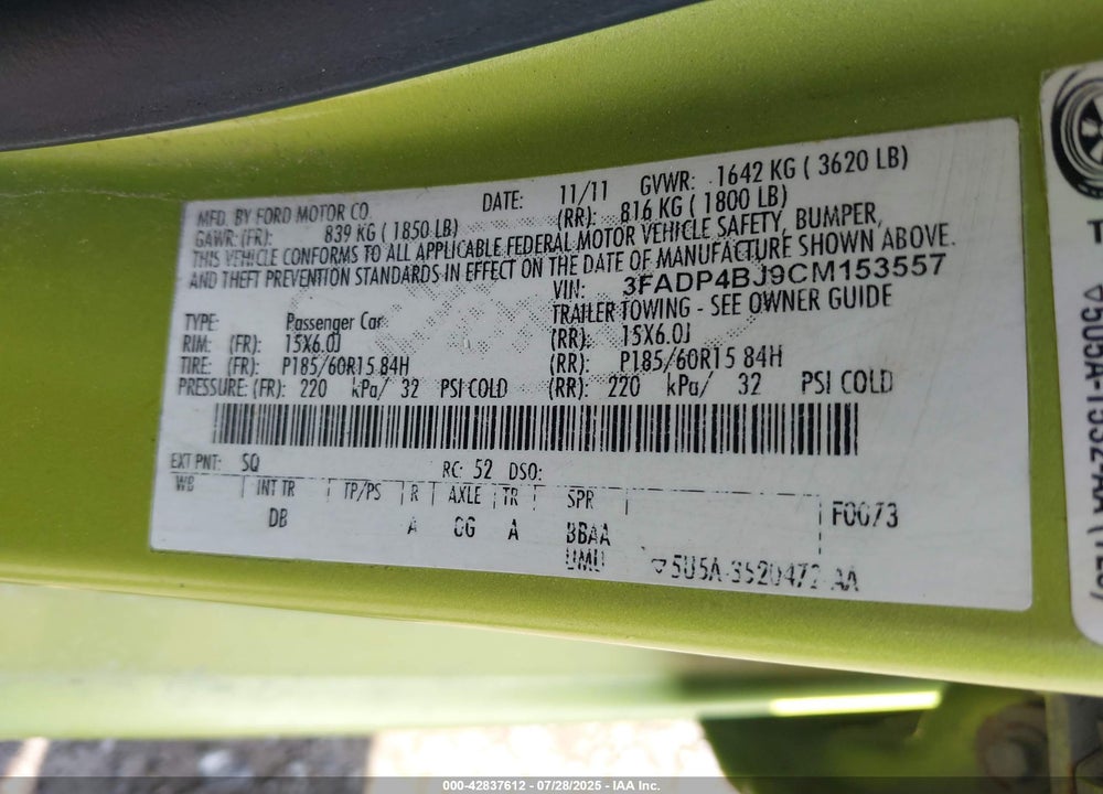 2012 FORD FIESTA VIN: 3FADP4BJ9CM153557