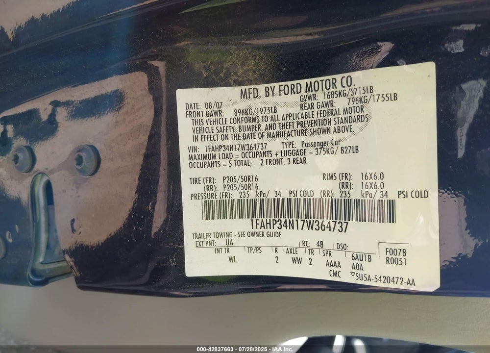 2007 FORD FOCUS VIN: 1FAHP34N17W364737