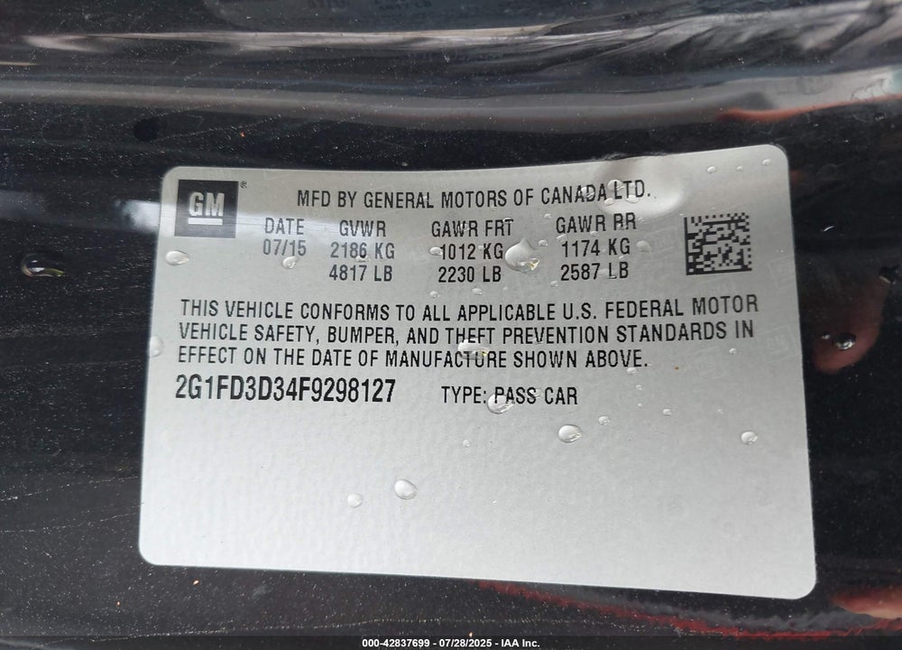 2015 CHEVROLET CAMARO VIN: 2G1FD3D34F9298127