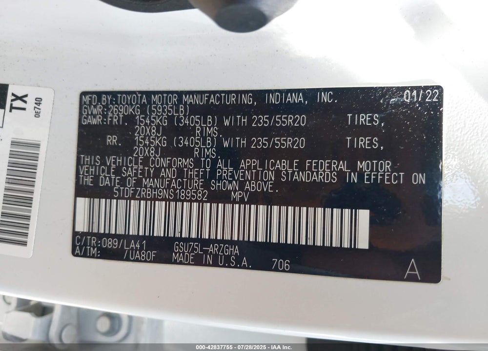 2022 TOYOTA HIGHLANDER VIN: 5TDFZRBH9NS189582