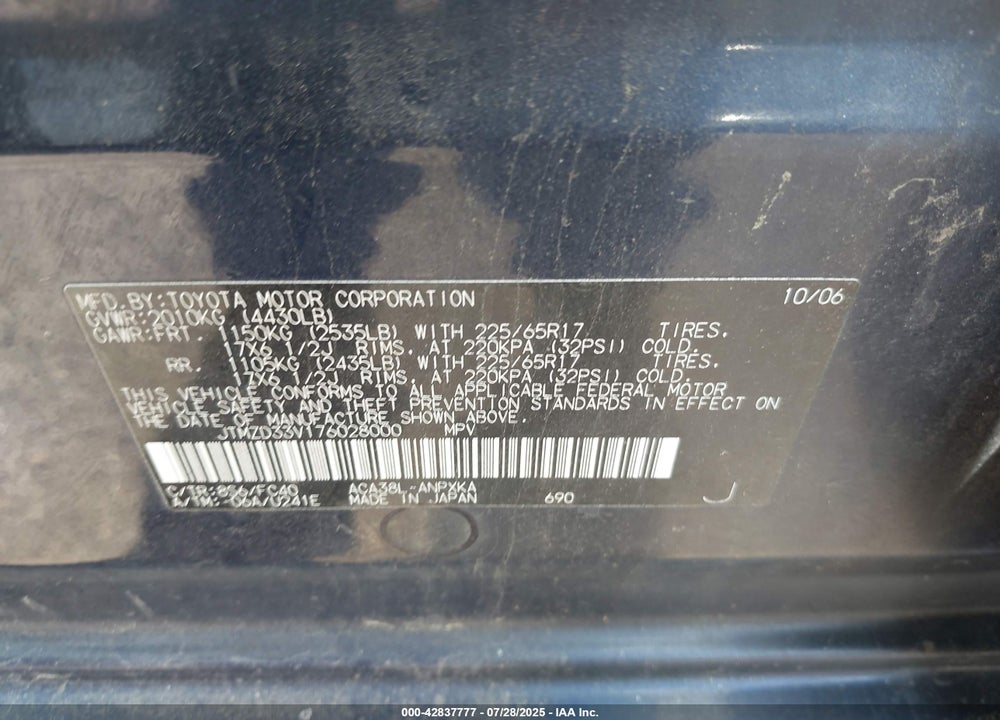 2007 TOYOTA RAV4 VIN: JTMZD33V176028000