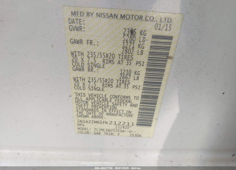 2015 NISSAN MURANO VIN: 5N1AZ2MH1FN212211