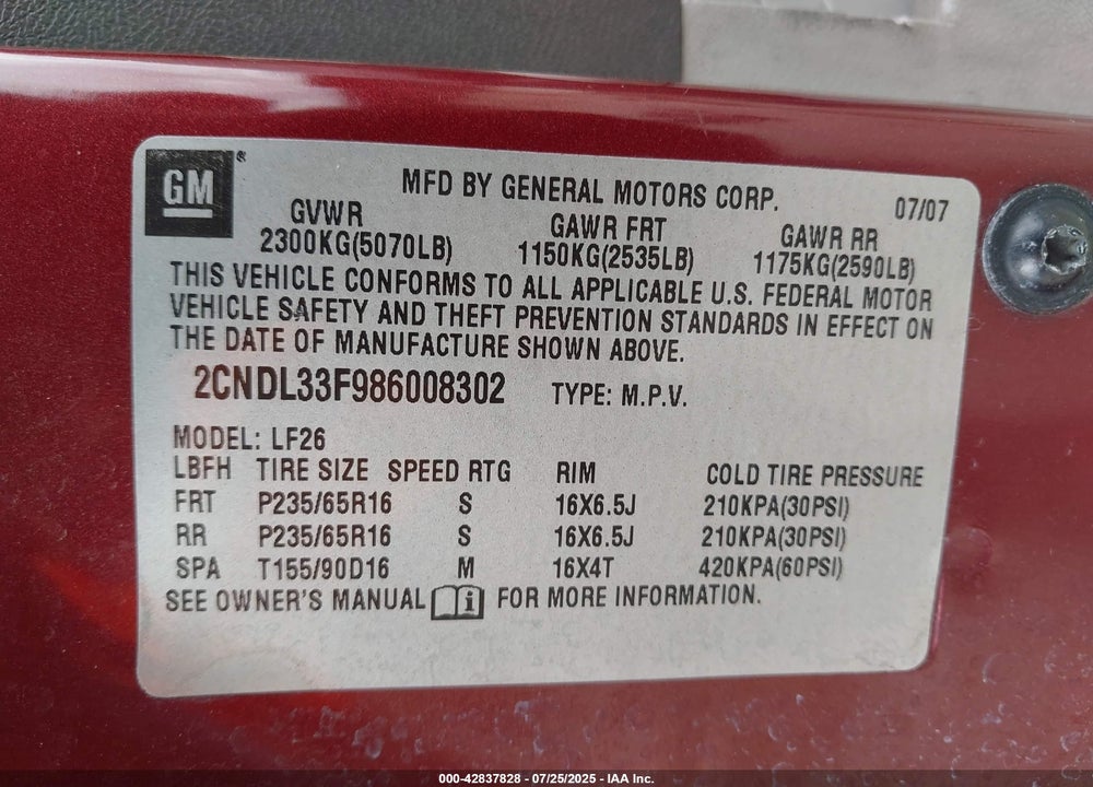 2008 CHEVROLET EQUINOX LT VIN: 2CNDL33F986008302