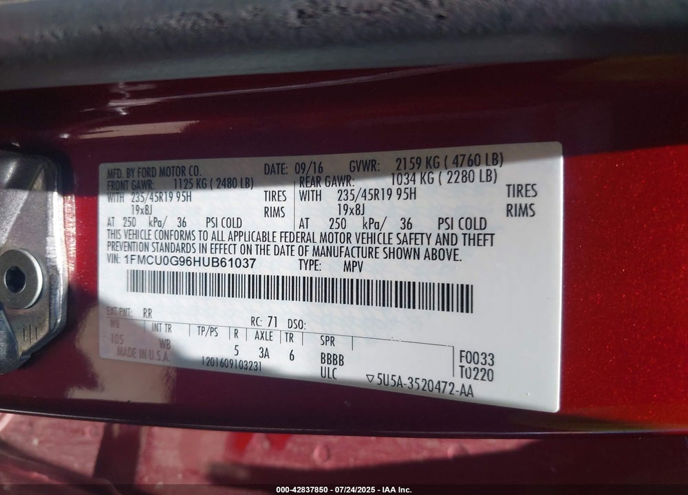 2017 FORD ESCAPE VIN: 1FMCU0G96HUB61037