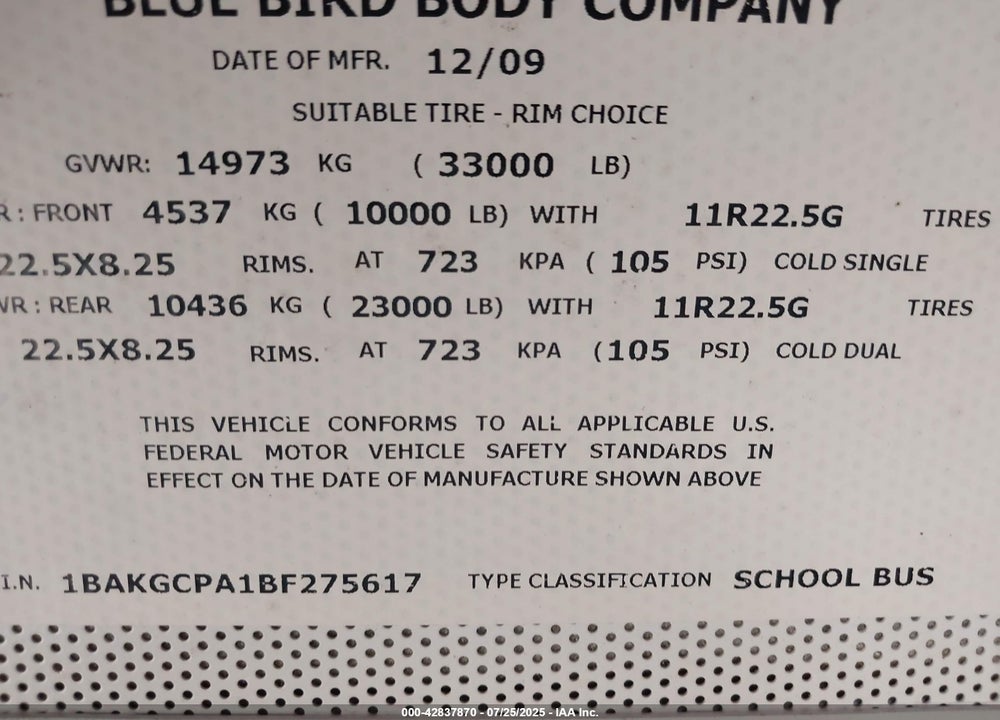 2011 BLUE BIRD SCHOOL BUS / TRANSIT BUS VIN: 1BAKGCPA1BF275617