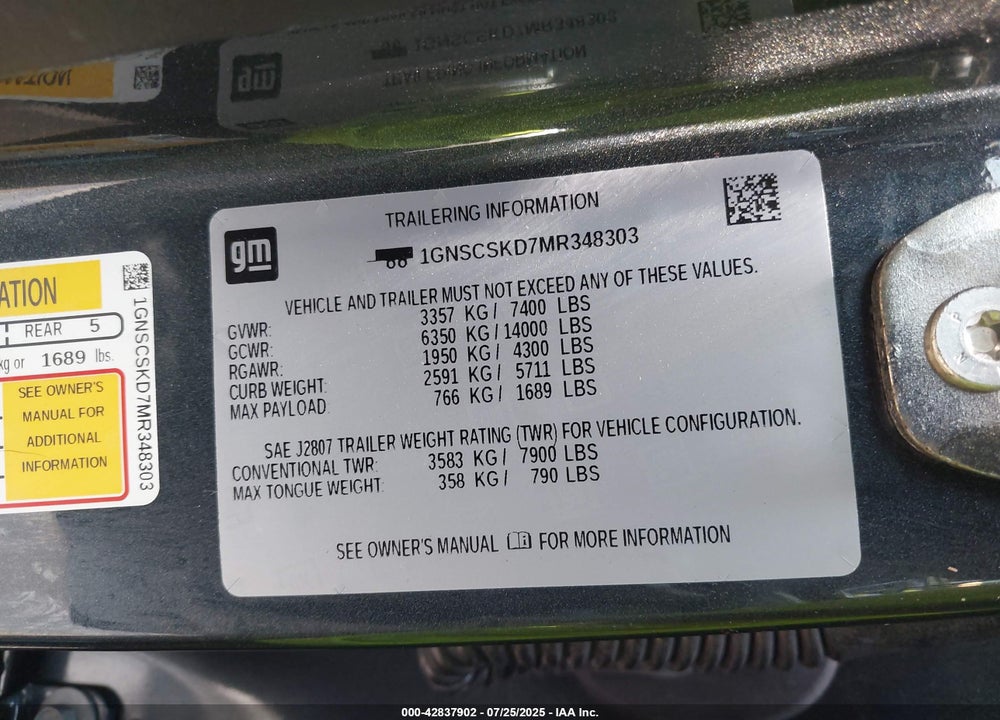 2021 CHEVROLET TAHOE VIN: 1GNSCSKD7MR348303
