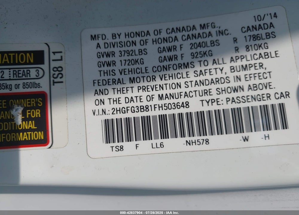2015 HONDA CIVIC EX VIN: 2HGFG3B81FH503648