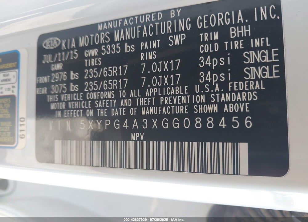 2016 KIA SORENTO VIN: 5XYPG4A3XGG088456