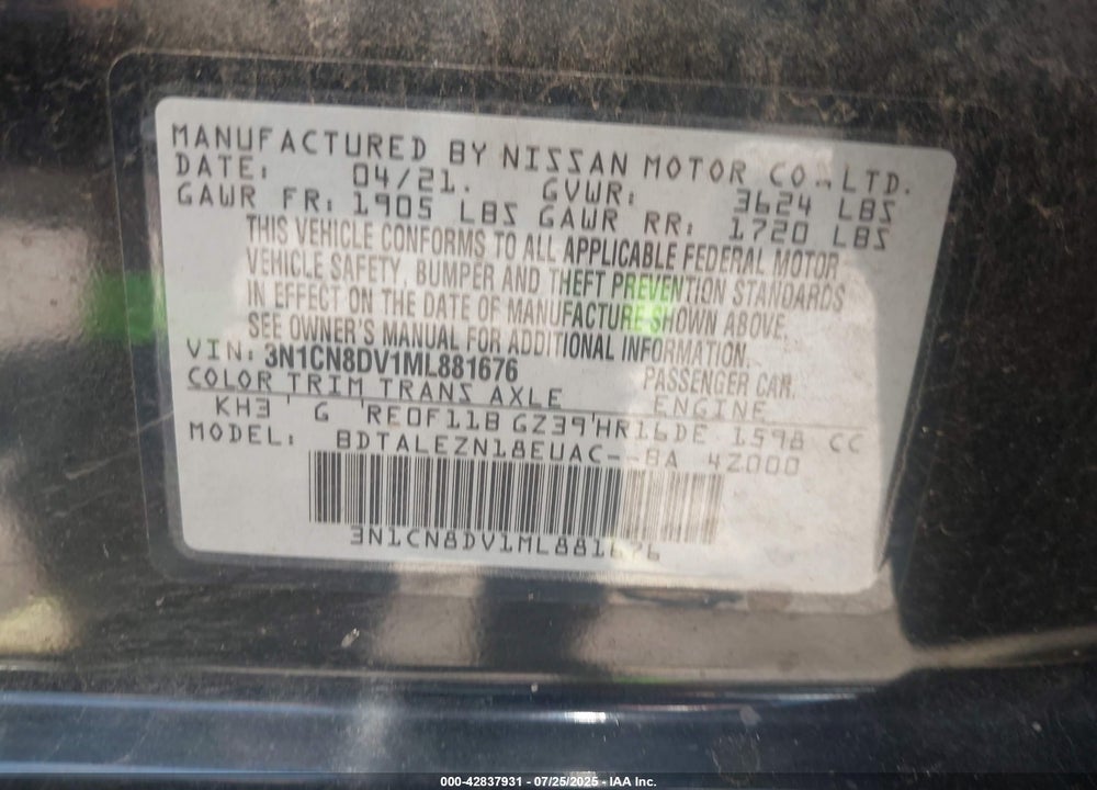 2021 NISSAN VERSA S XTRONIC CVT VIN: 3N1CN8DV1ML881676