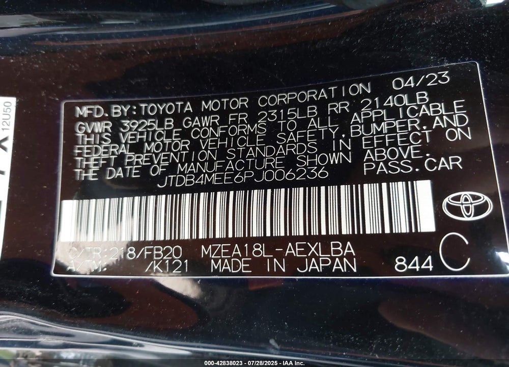 2023 TOYOTA COROLLA VIN: JTDB4MEE6PJ006236