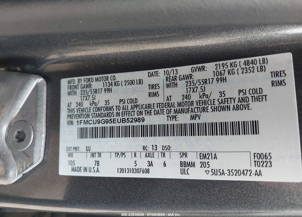 2014 FORD ESCAPE VIN: 1FMCU9G95EUB52989