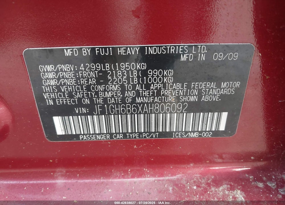 2010 SUBARU IMPREZA VIN: JF1GH6B6XAH806092