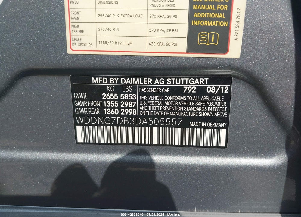 2013 MERCEDES-BENZ S CLASS VIN: WDDNG7DB3DA505557