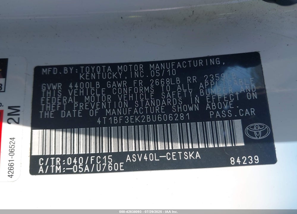 2011 TOYOTA CAMRY SE VIN: 4T1BF3EK2BU606281