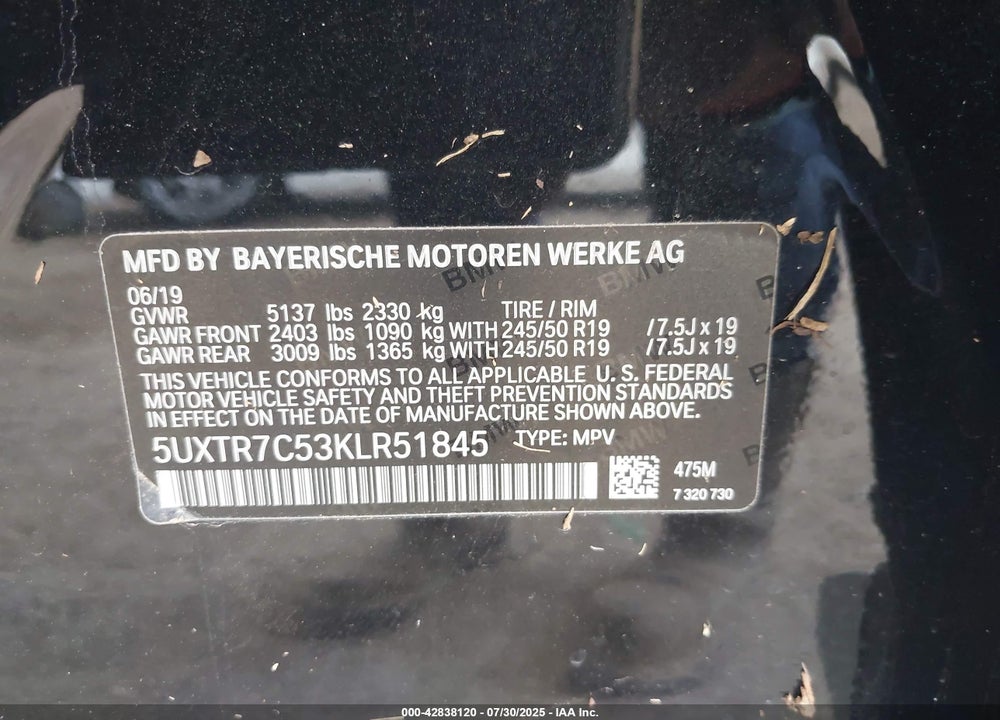2019 BMW X3 VIN: 5UXTR7C53KLR51845