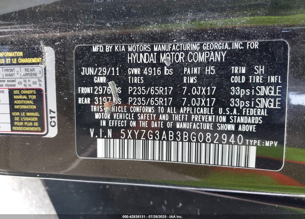 2011 HYUNDAI SANTA FE VIN: 5XYZG3AB3BG082940