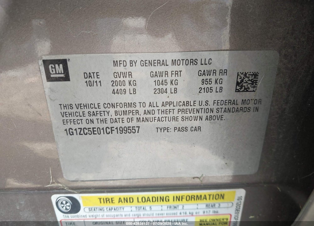 2012 CHEVROLET MALIBU VIN: 1G1ZC5E01CF199557