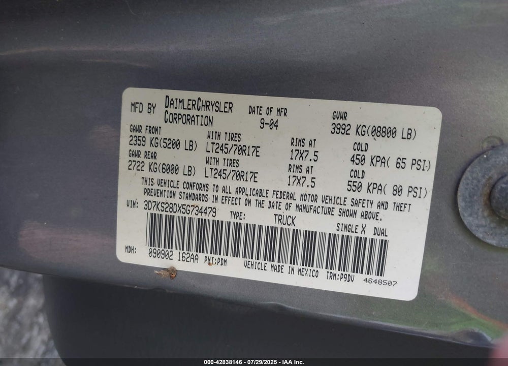 2005 DODGE RAM 2500 ST VIN: 3D7KS28DX5G734479