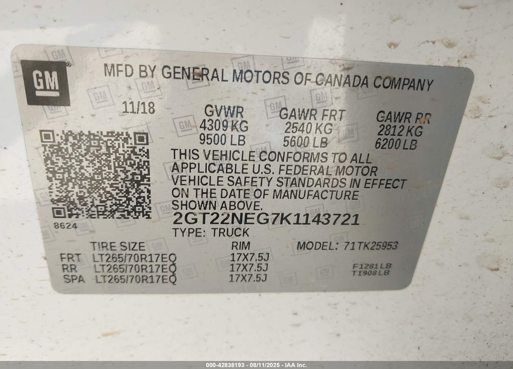 2019 GMC SIERRA 2500HD VIN: 2GT22NEG7K1143721
