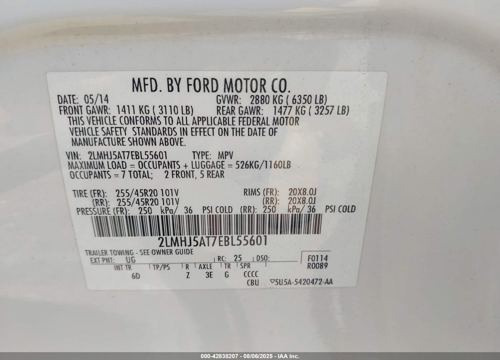 2014 LINCOLN MKT VIN: 2LMHJ5AT7EBL55601