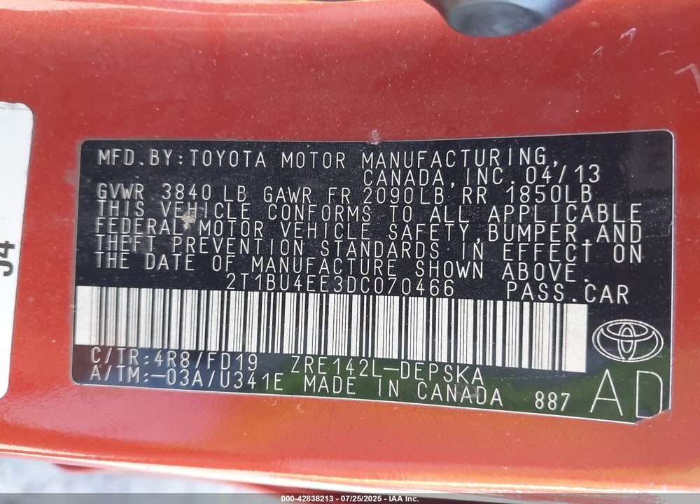 2013 TOYOTA COROLLA VIN: 2T1BU4EE3DC070466