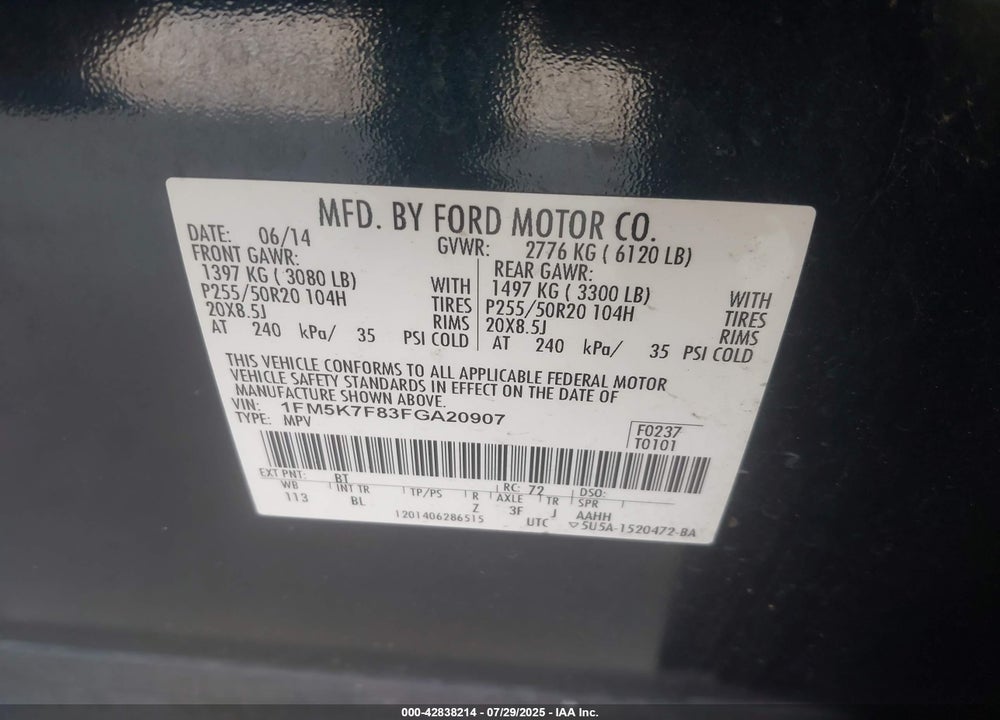 2015 FORD EXPLORER VIN: 1FM5K7F83FGA20907