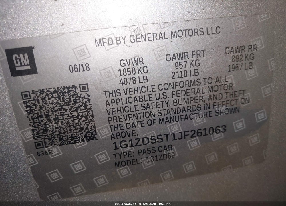 2018 CHEVROLET MALIBU VIN: 1G1ZD5ST1JF261063