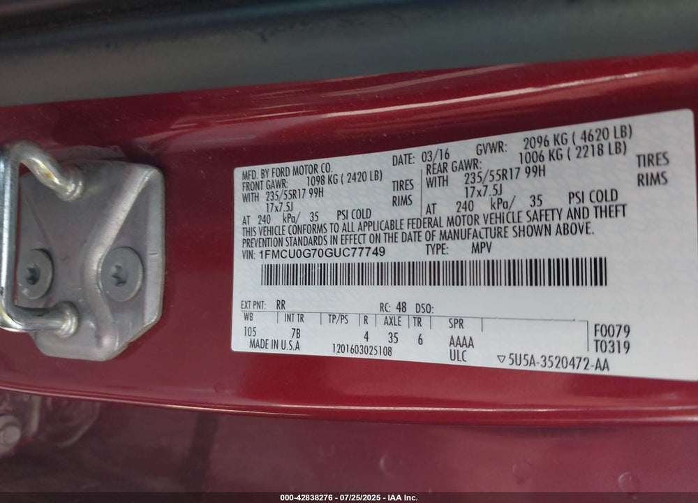 2016 FORD ESCAPE VIN: 1FMCU0G70GUC77749