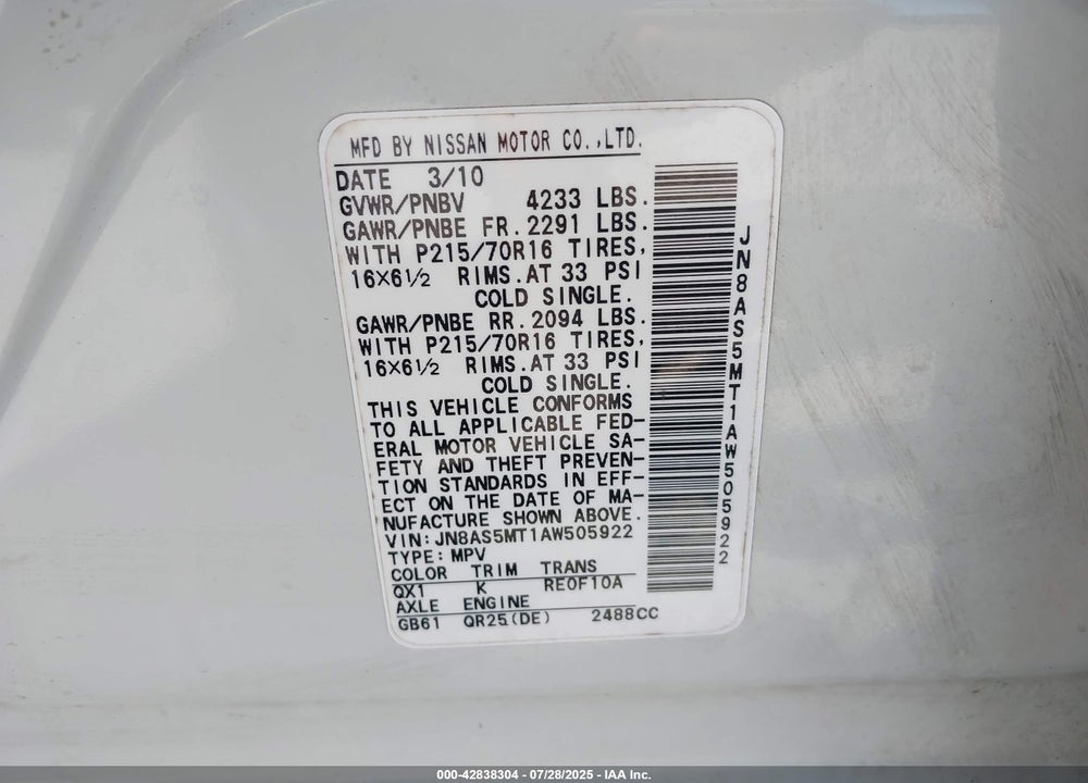 2010 NISSAN ROGUE VIN: JN8AS5MT1AW505922