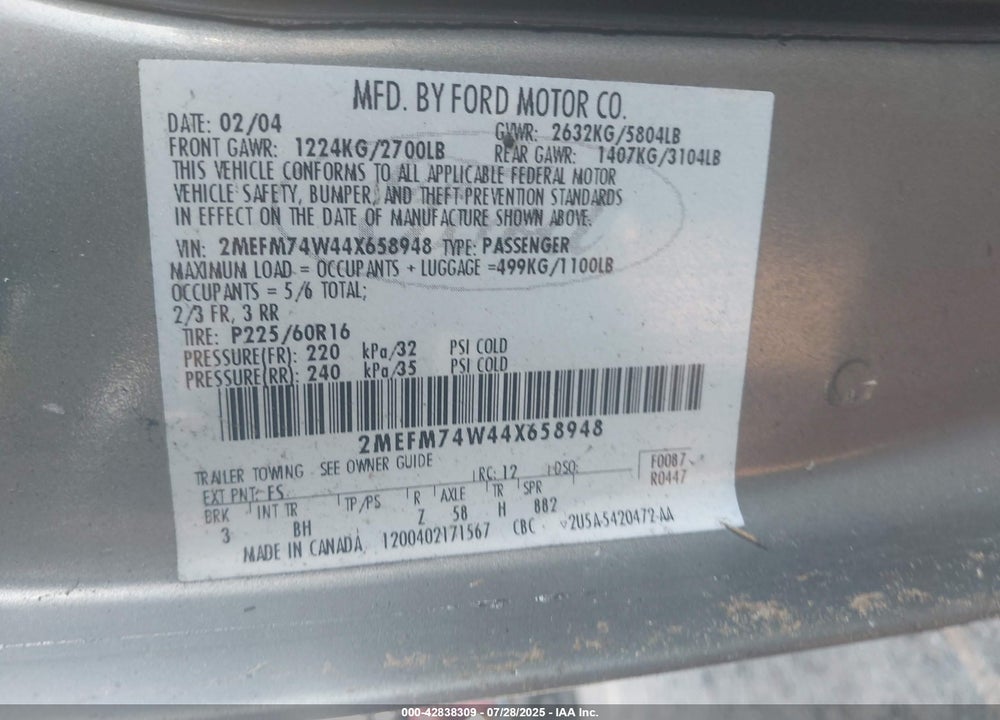 2004 MERCURY GRAND MARQUIS VIN: 2MEFM74W44X658948