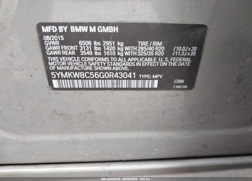 2016 BMW X6 M VIN: 5YMKW8C56G0R43041