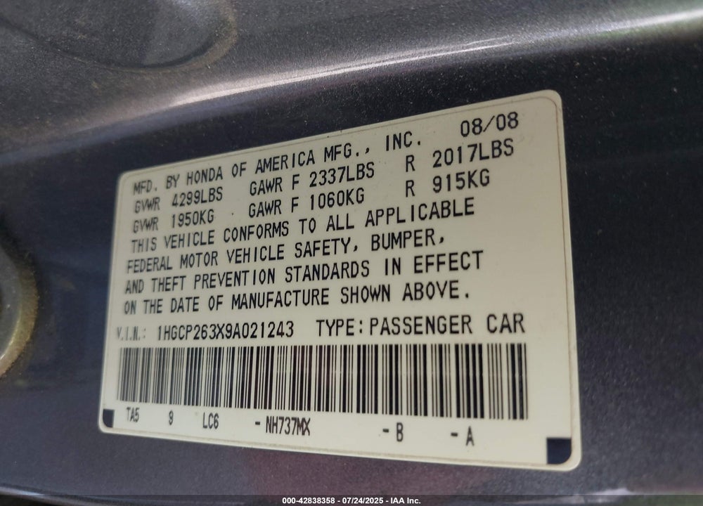 2009 HONDA ACCORD VIN: 1HGCP263X9A021243