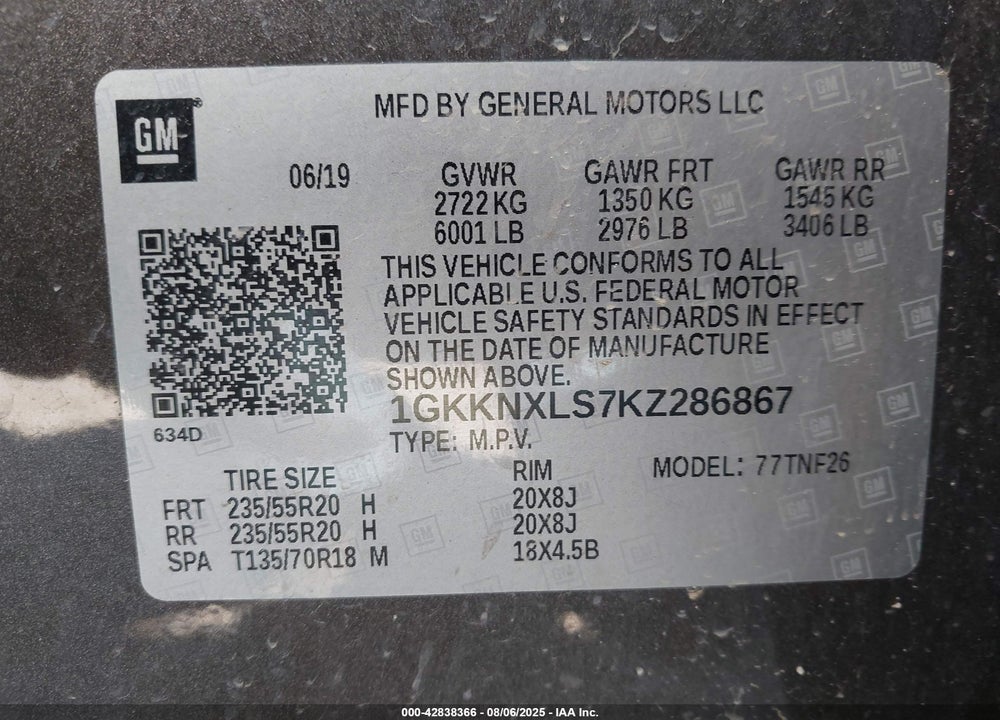 2019 GMC ACADIA VIN: 1GKKNXLS7KZ286867
