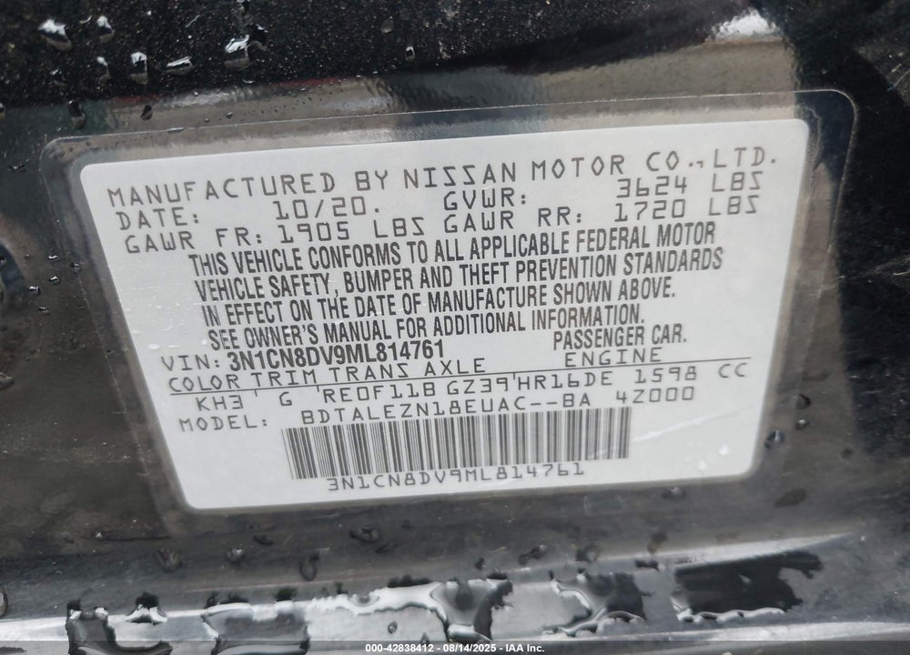 2021 NISSAN VERSA VIN: 3N1CN8DV9ML814761