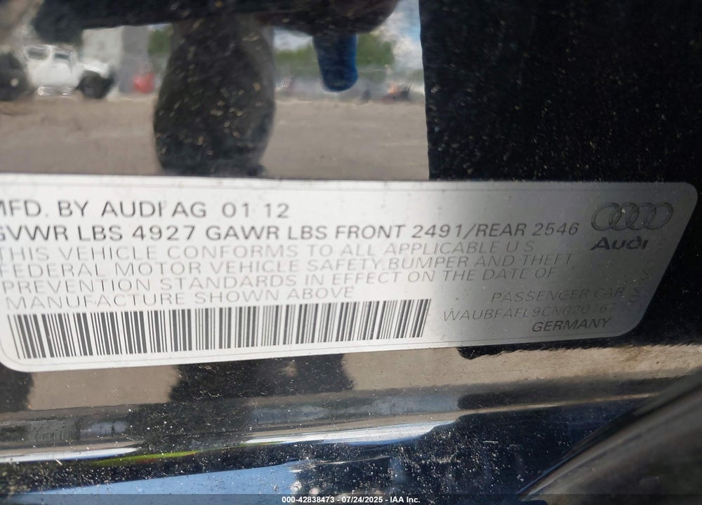 2012 AUDI A4 VIN: WAUBFAFL9CN020167