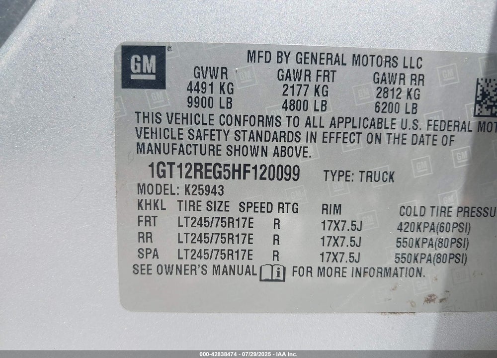 2017 GMC SIERRA 2500HD VIN: 1GT12REG5HF120099