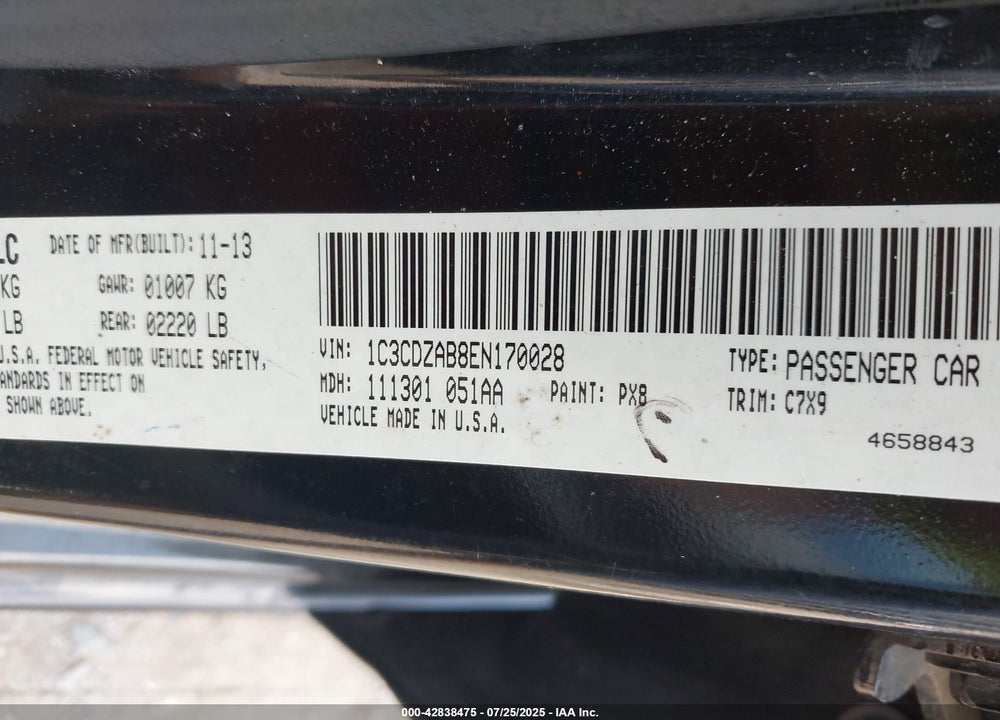 2014 DODGE AVENGER VIN: 1C3CDZAB8EN170028